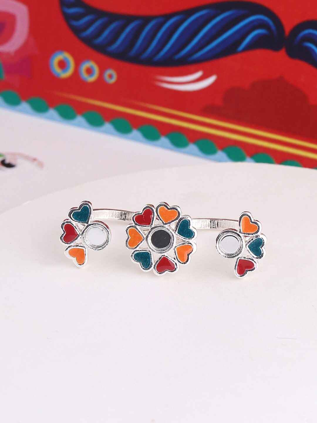 Voylla Silver-Plated Blue & Yellow Truck Art Floral Motifs Enameled Dual-Finger Ring