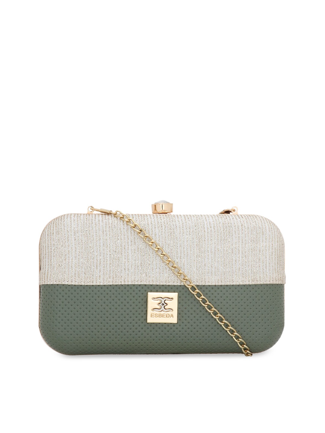 ESBEDA Women Olive Green & Beige Solid Glitter Box Clutch