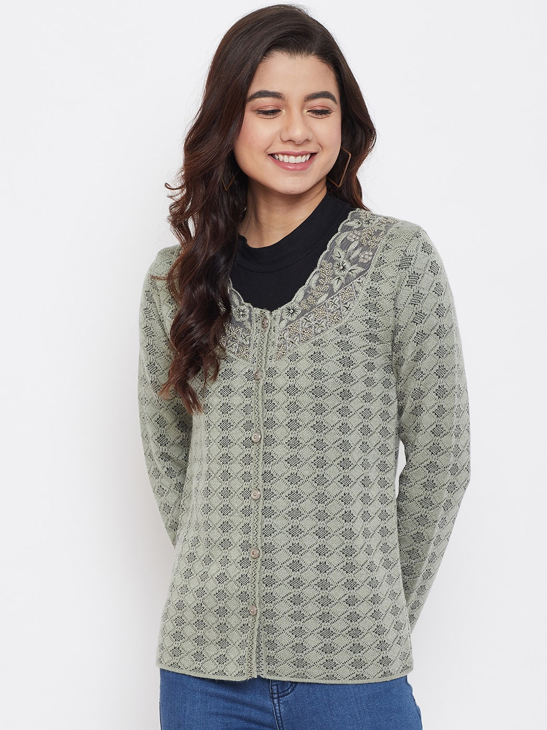 Zigo Women Green Self Design Cardigan
Zigo Women Green Self Design Cardigan