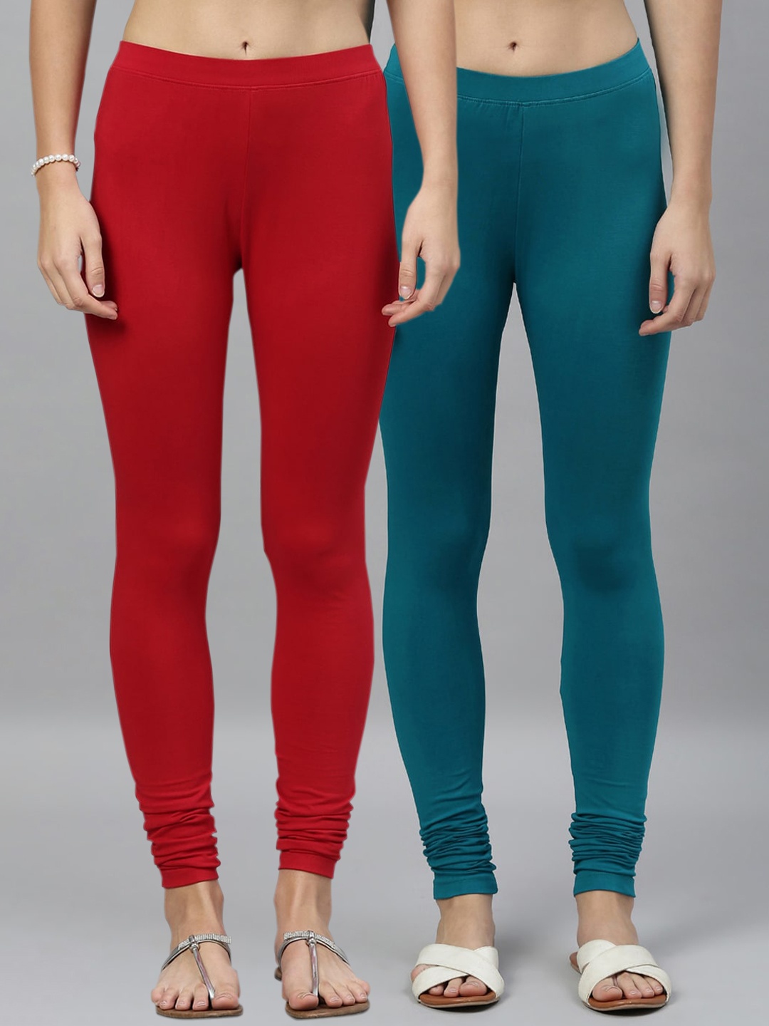 Kryptic Women Pack Of 2 Solid Churidar-Length Leggings, Red