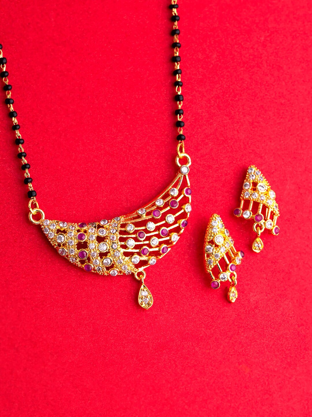 Voylla Gold-Plated Black & White CZ-Studded Beaded Mangalsut