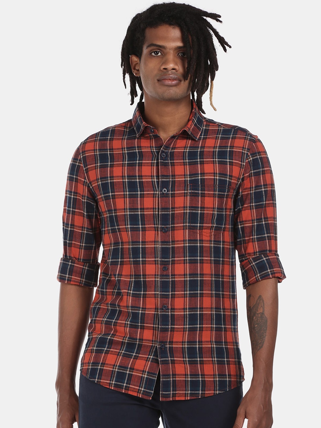 Cherokee Men Orange Regular Fit Checked Cotton Casual Shirt