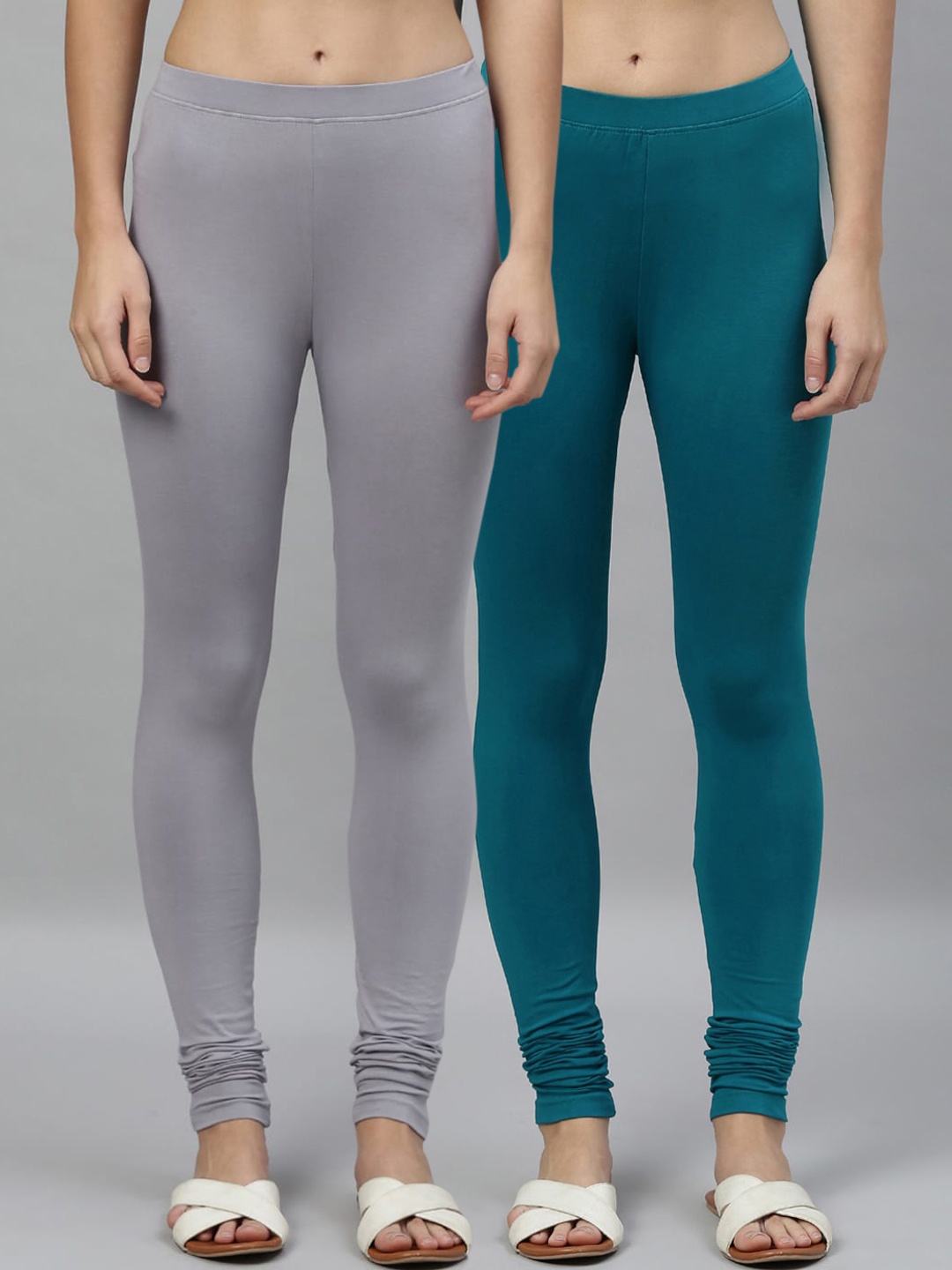 Kryptic Women Pack Of 2 Solid Churidar-Length Leggings, Grey