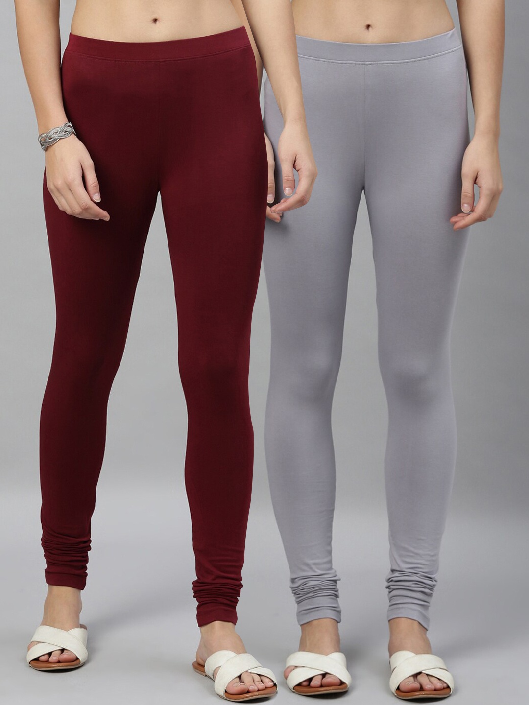 Kryptic Women Pack Of 2 Solid Churidar-Length Leggings, Grey