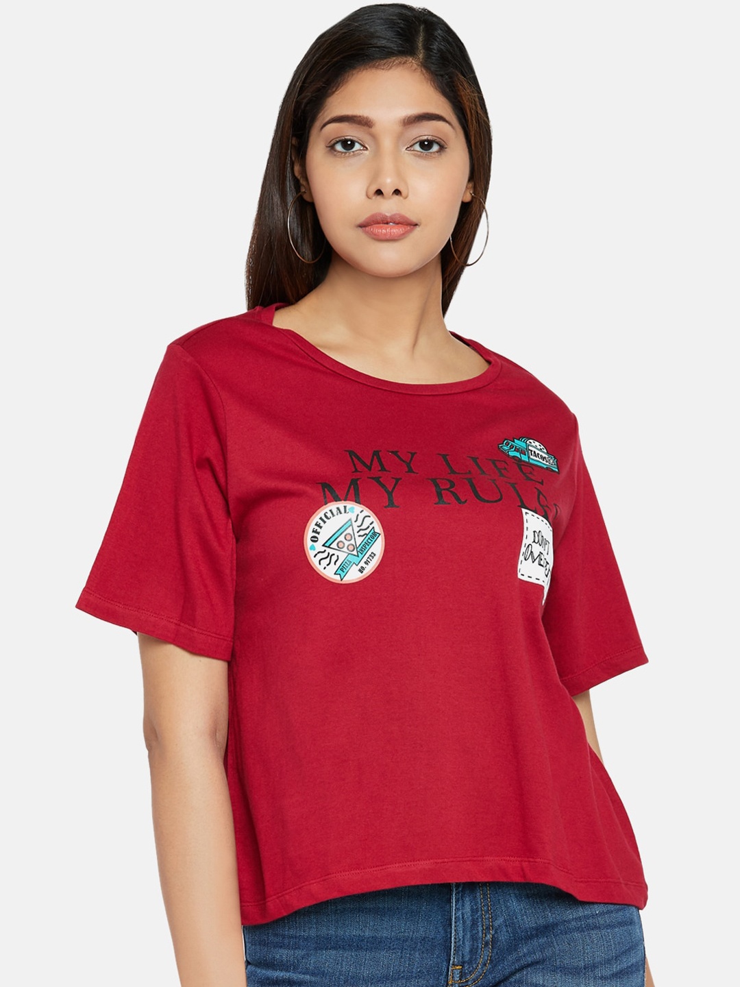 People Women Red Printed Round Neck T-shirt
