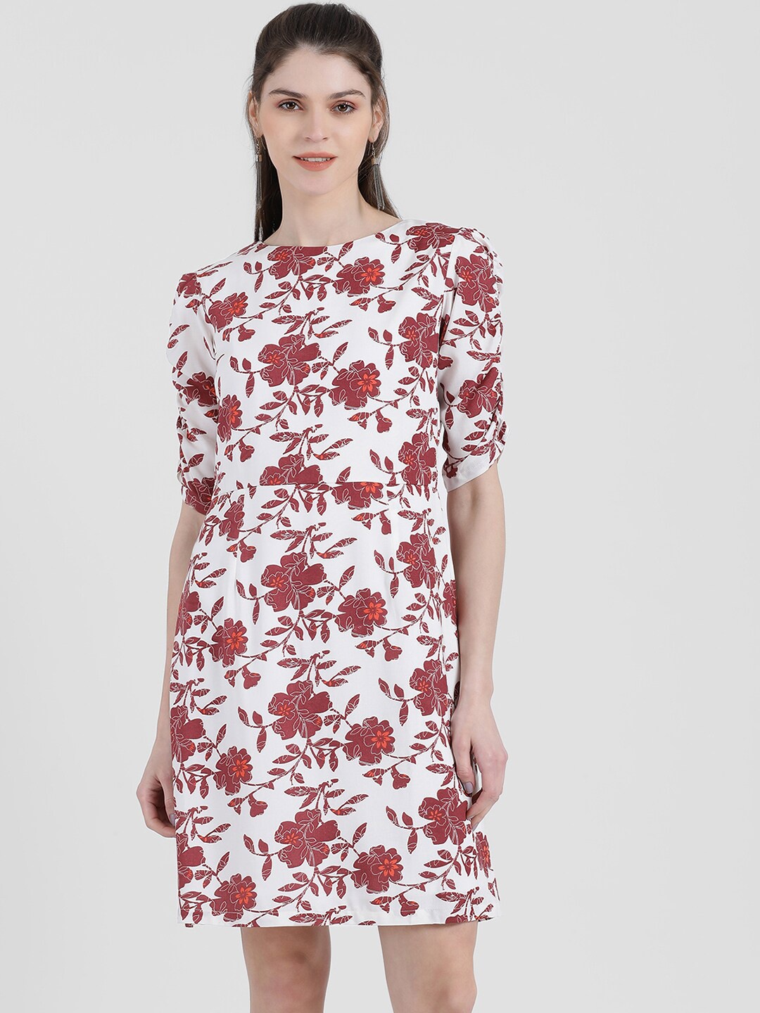 Zink London Women White & Red Floral Printed A-Line Dress