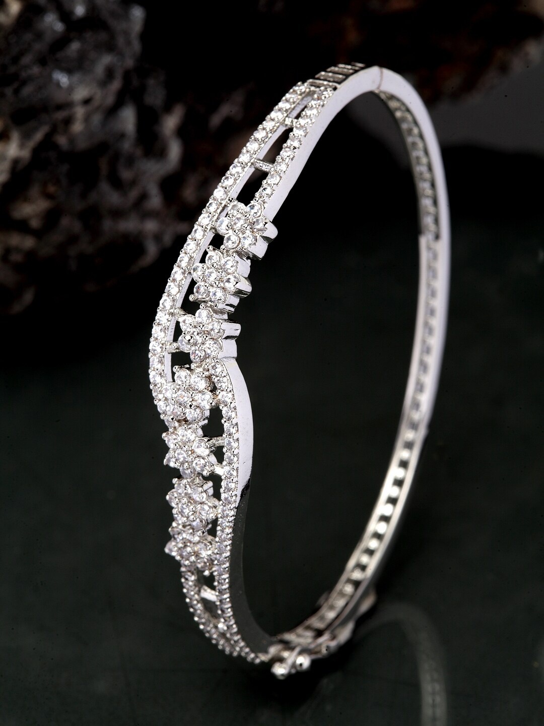ANIKAS CREATION Silver-Plated White AD-Studded Bangle-Style Bracelet