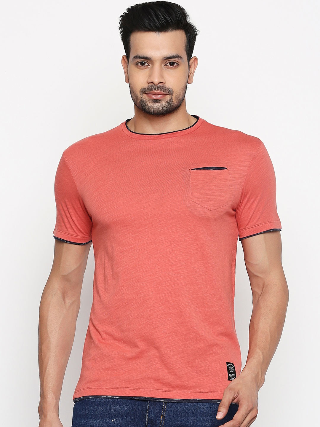 People Men Pink Solid Round Neck Pure Cotton T-shirt