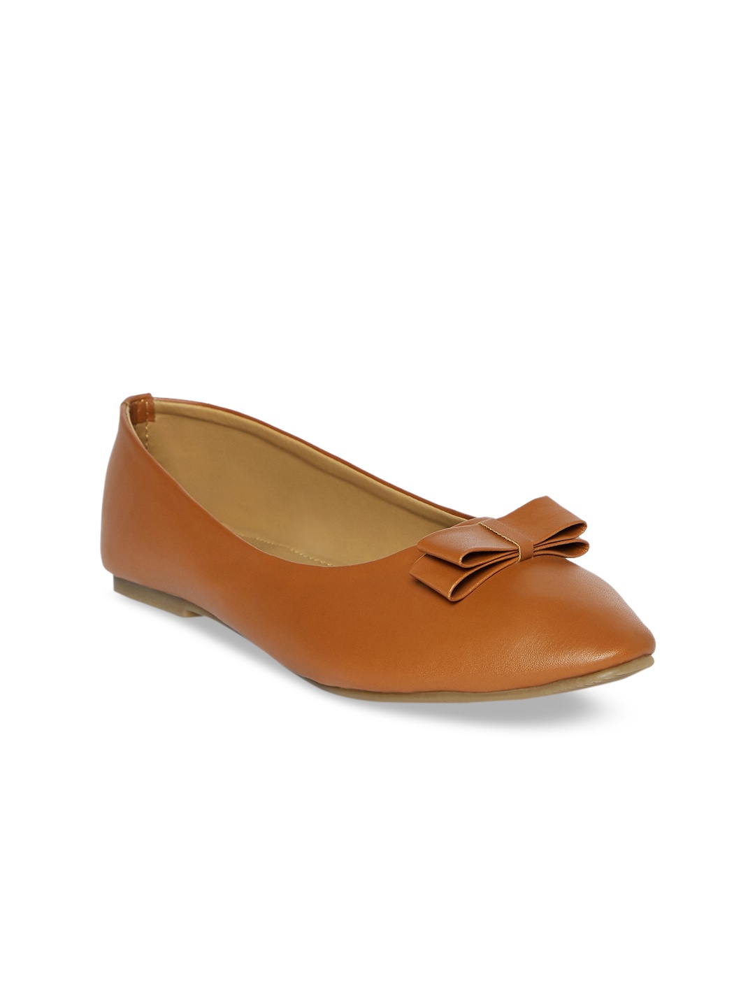 People Women Brown Solid Leather Ballerinas