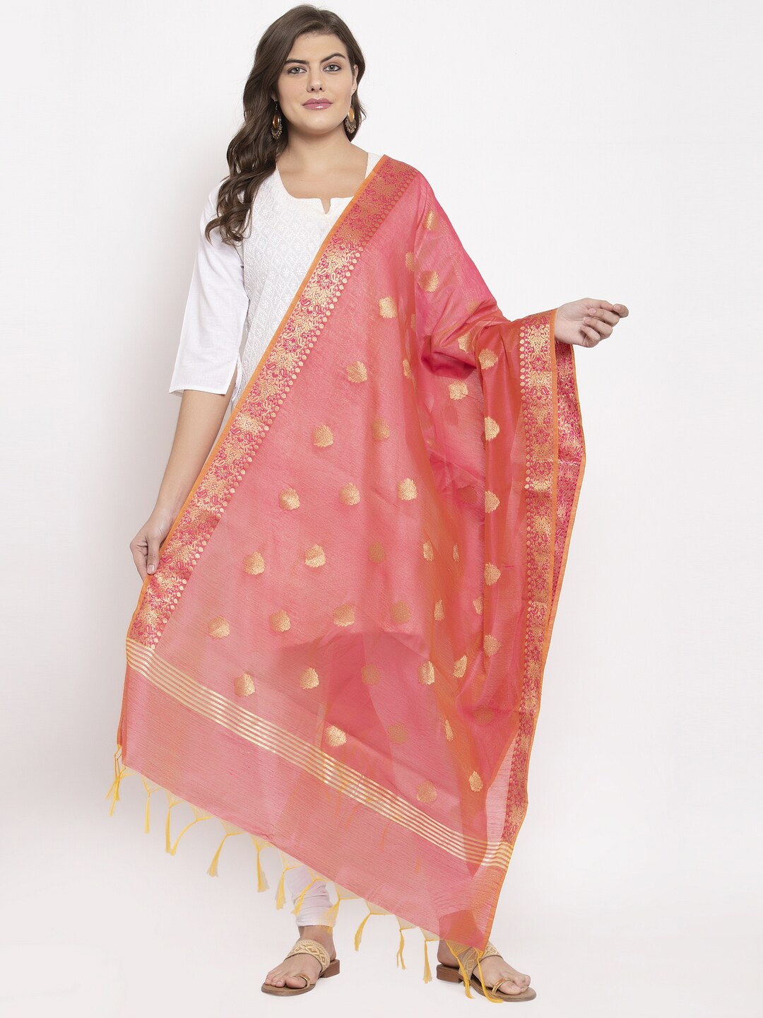 LOOM LEGACY Women Pink & Gold-Coloured Woven Design Banarsi Dupatta