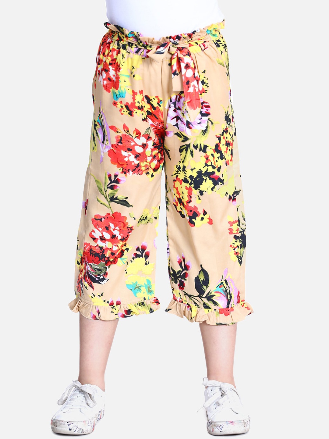 Cutiekins Girls Peach-Coloured & Yellow Printed Capris