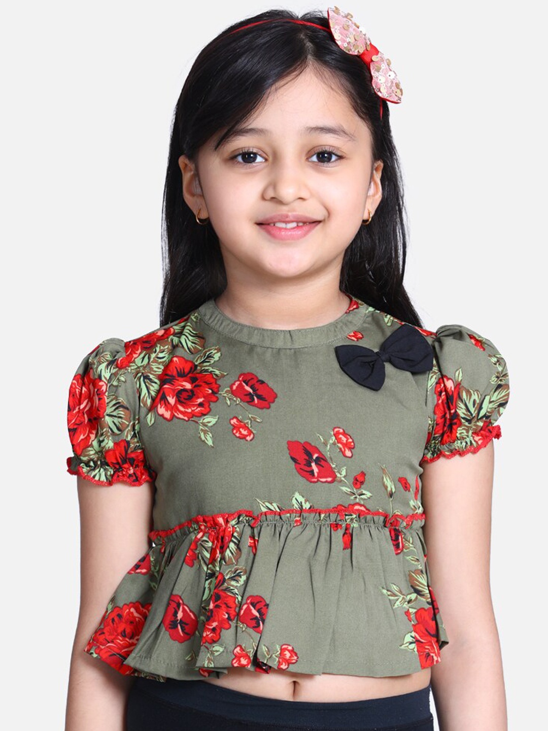 Cutiekins Girls Olive Green Floral Printed Peplum Top