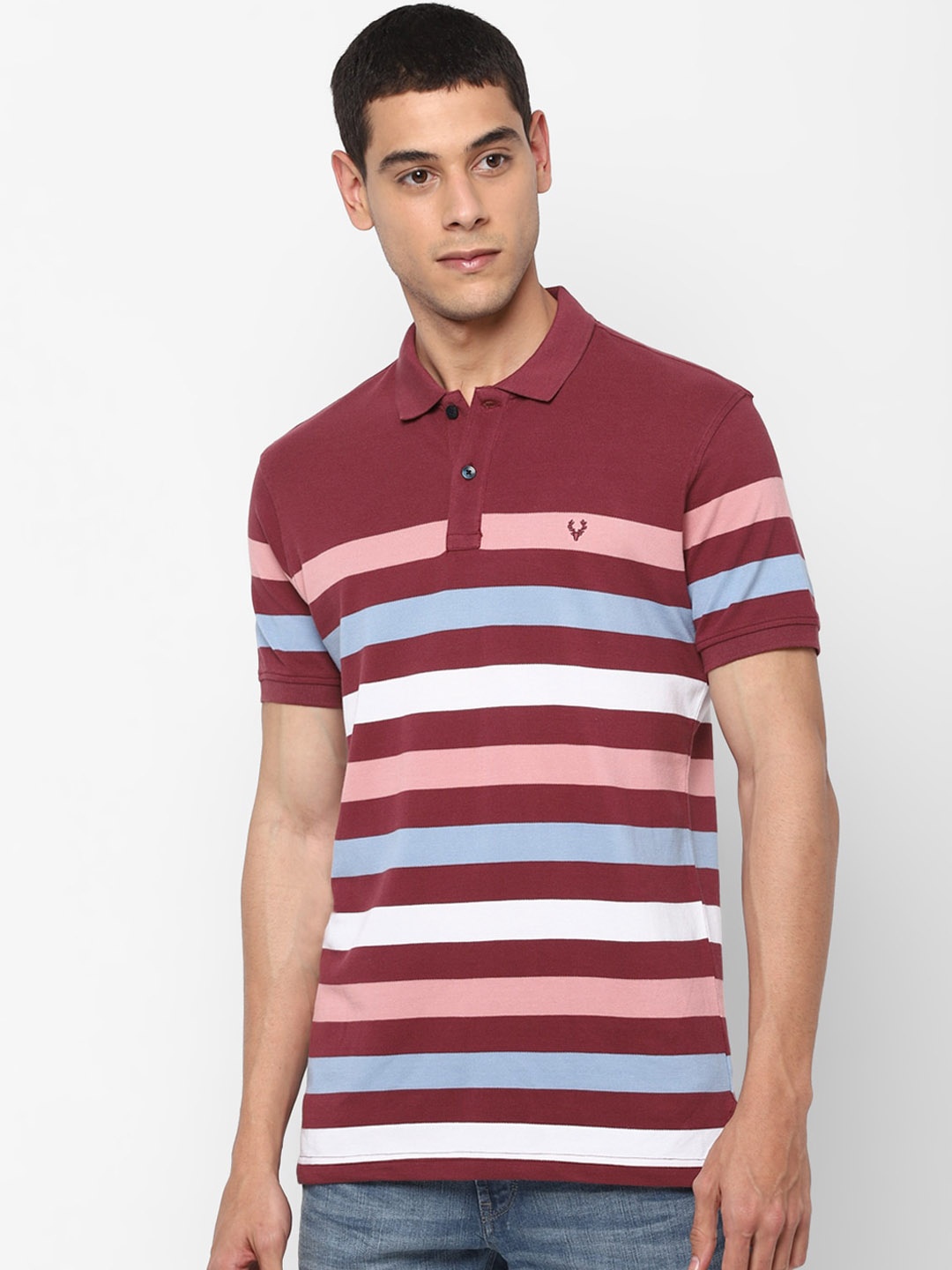 Allen Solly Men Maroon Striped Polo Collar Pure Cotton T-shirt