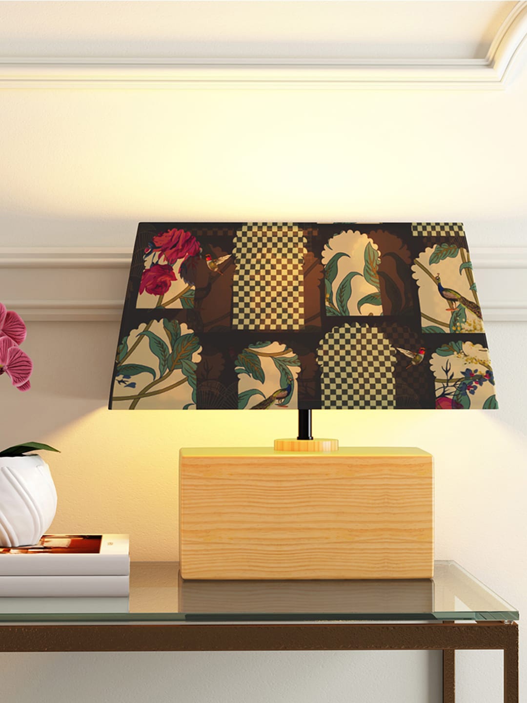 India Circus by Krsnaa Mehta Beige Floral Printed Signature Windows Rectangular Table Lamp