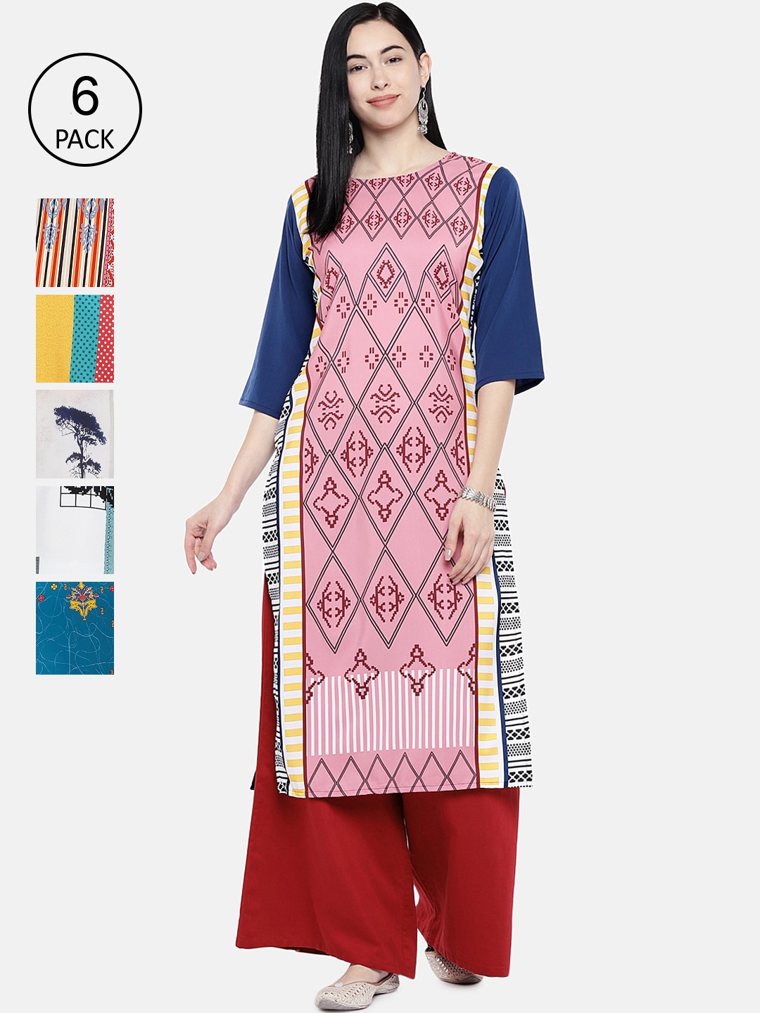 7Threads Women Multicoloured Pack of 6 Printed Straight Kurtas, Multi