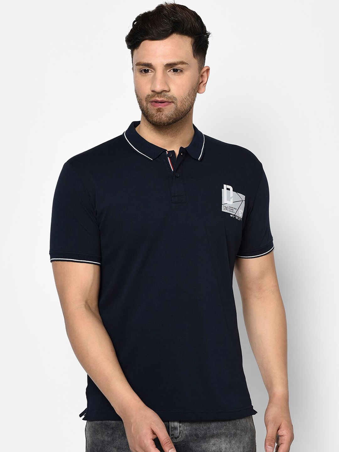 Duke Men Navy Blue Solid Polo Collar T-shirt