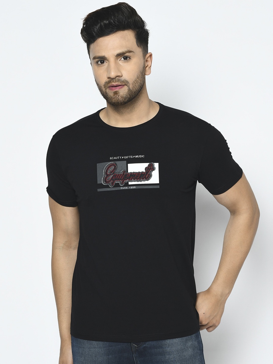 Duke Men Black Printed Round Neck T-shirt