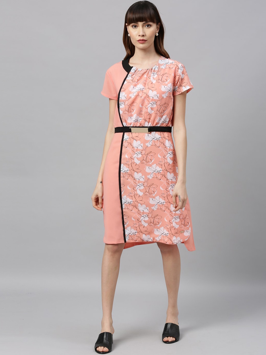 Park Avenue Woman Orange Floral Printed A-Line Dress