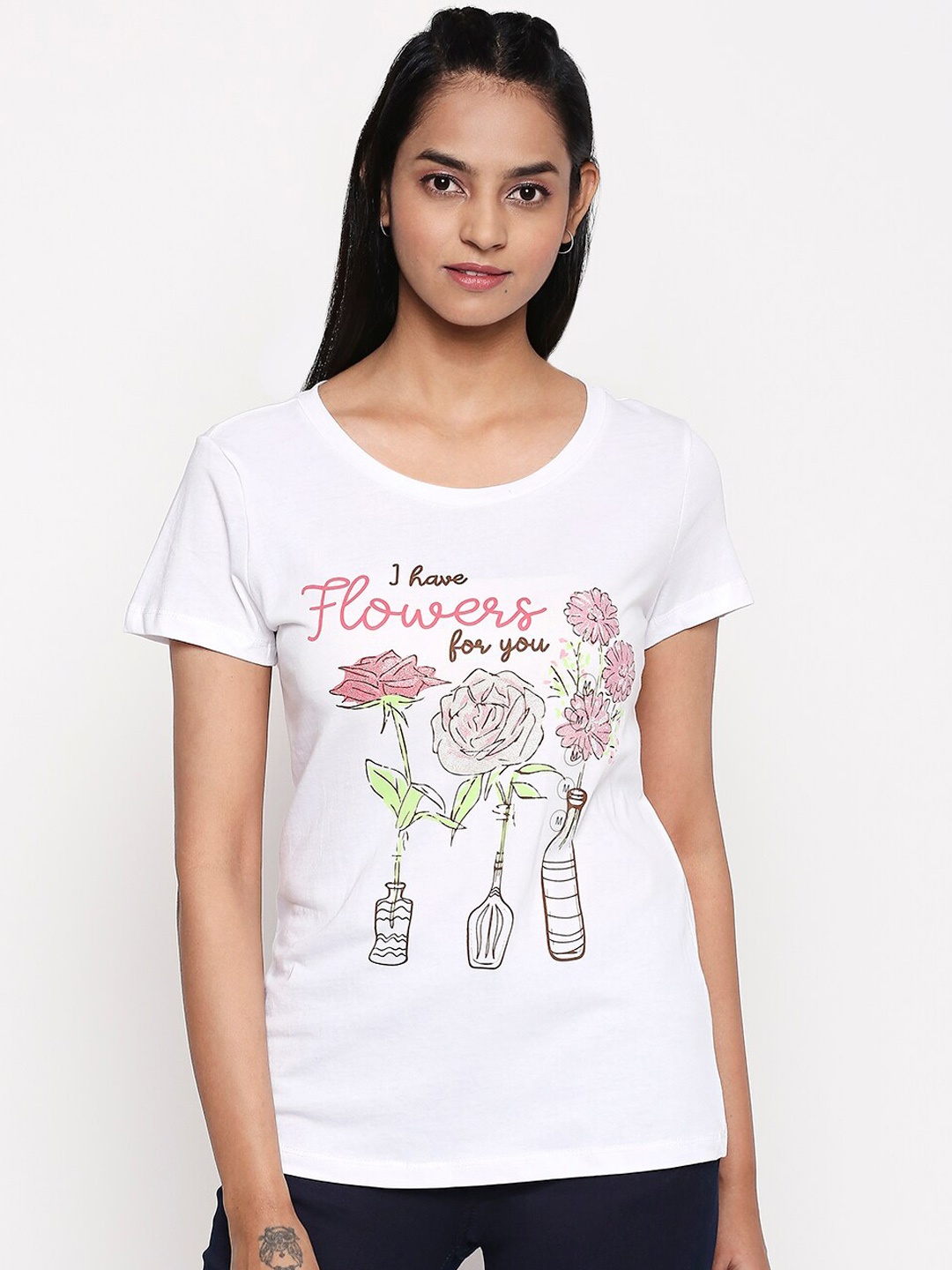 Honey by Pantaloons Women White Printed Round Neck T-shirt