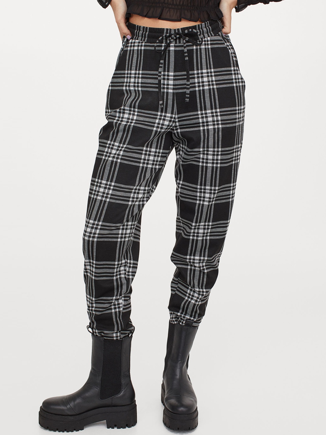 H&M Women Black & White Checked Jersey Trousers