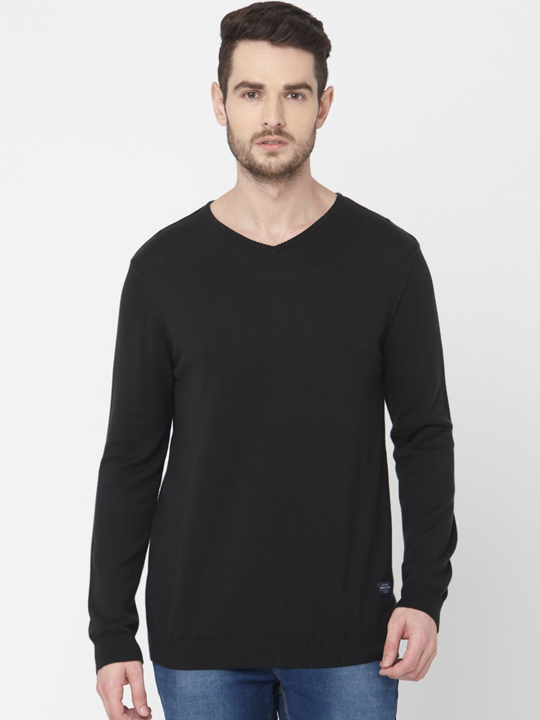 Mufti Men Black Solid Pullover Sweater