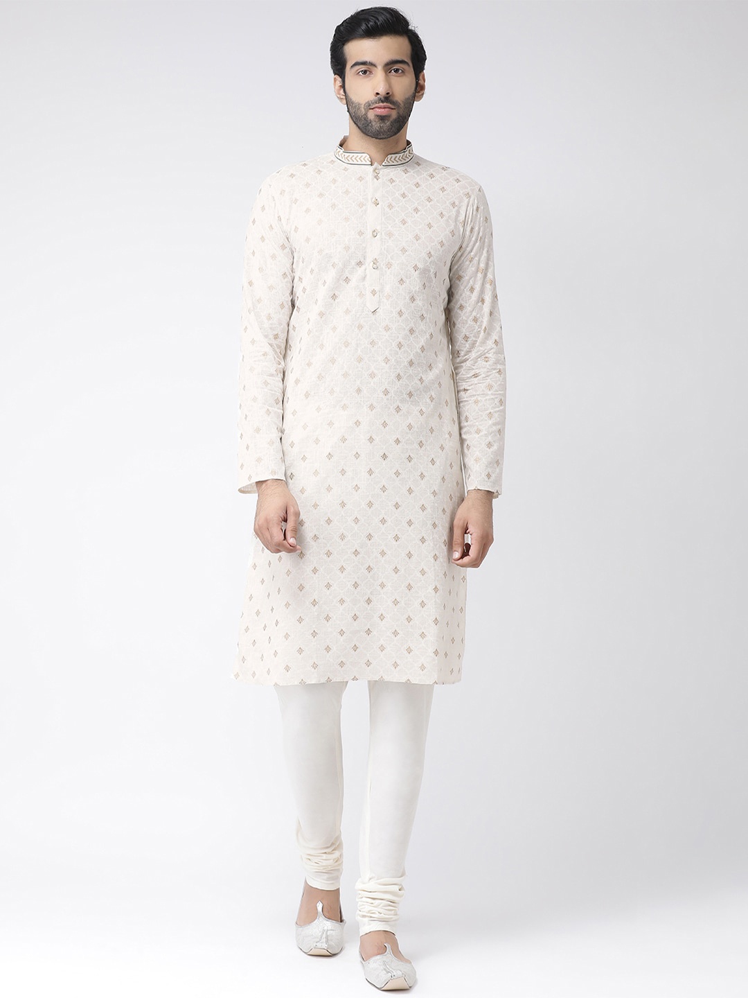 Vartah Men Cream-Coloured & White Woven Design Straight Kurta