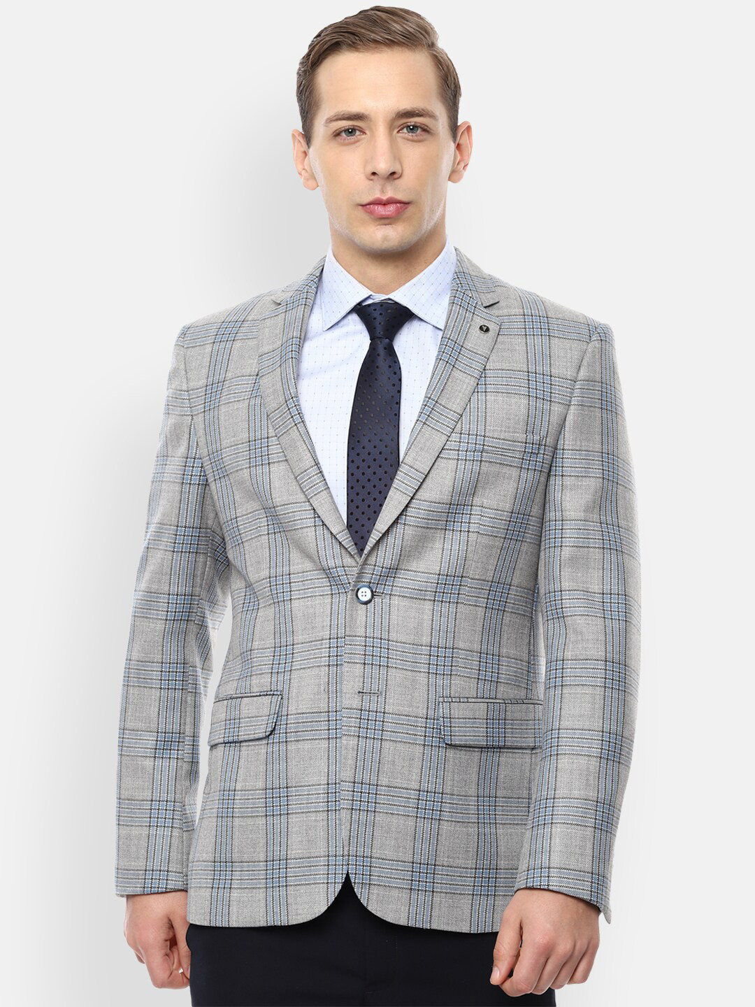 Van Heusen Men Grey & Blue Checked Slim-Fit Single-Breasted Formal Blazer
Van Heusen Men Grey & Blue Checked Slim-Fit Single-Breasted Formal Blazer