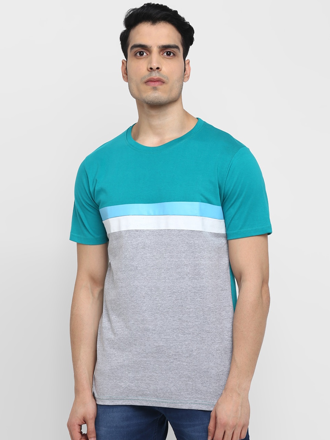 Routeen Men Green Striped Round Neck T-shirt