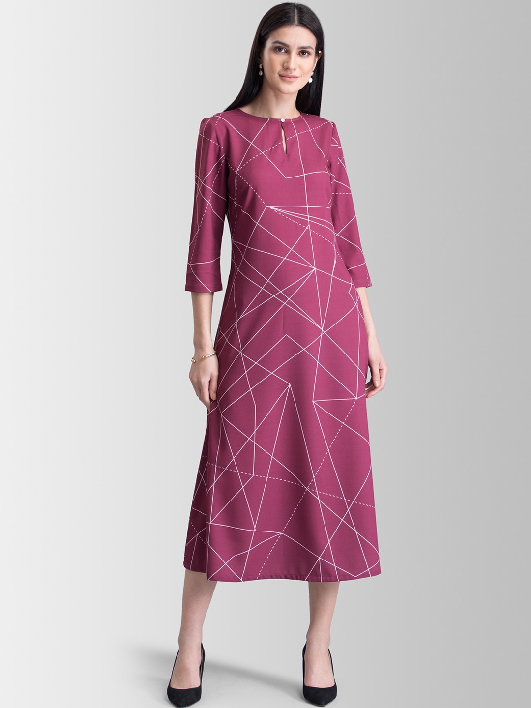 FableStreet Women Maroon Checked A-Line Dress
