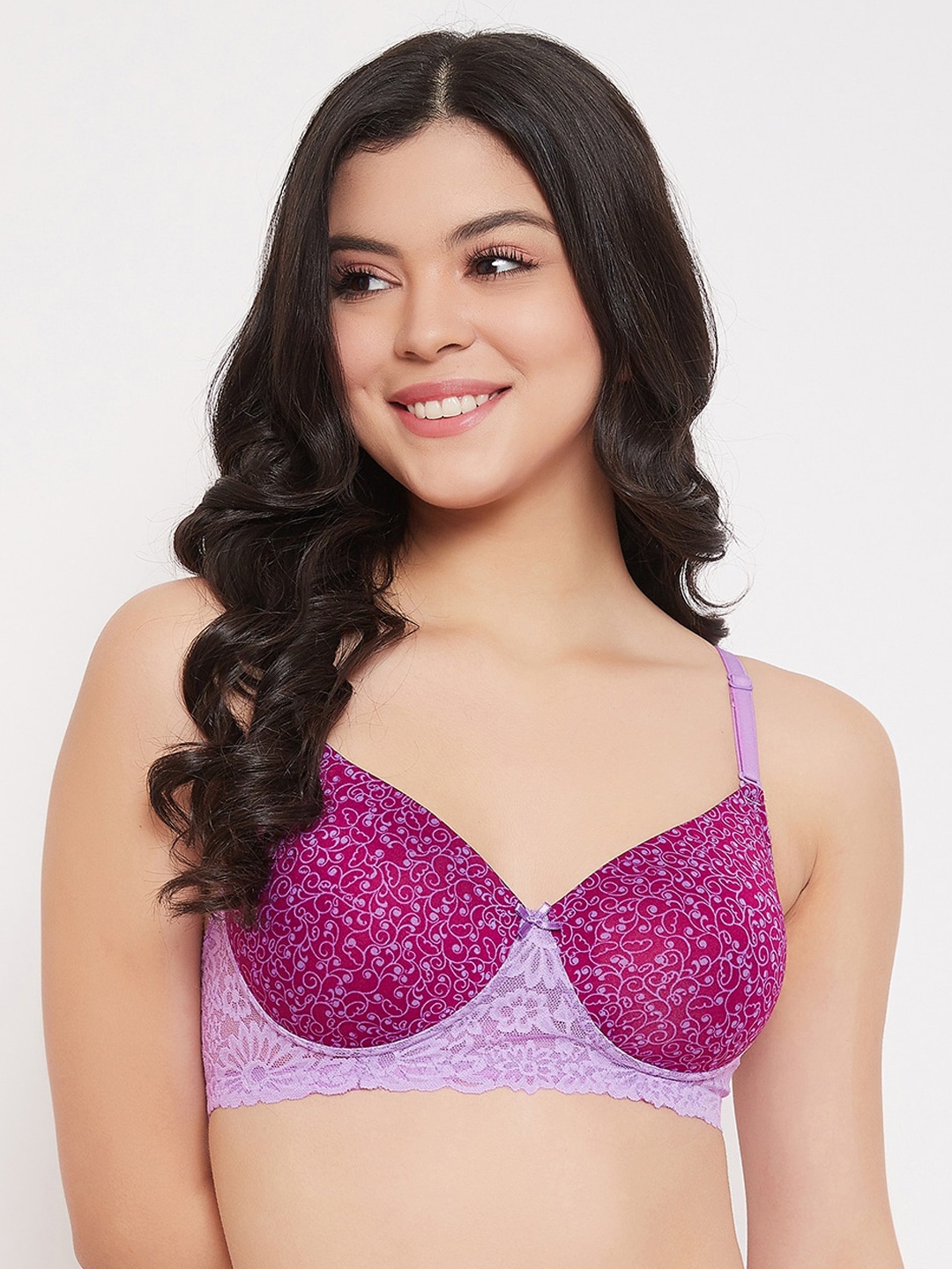 Clovia Women Purple Printed Lightly-Padded Non-Wired T-Shirt Bra BR1806H15