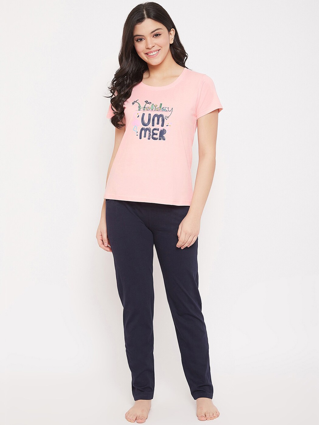 Clovia Women Peach Coloured & Navy Blue Printed Night Suit