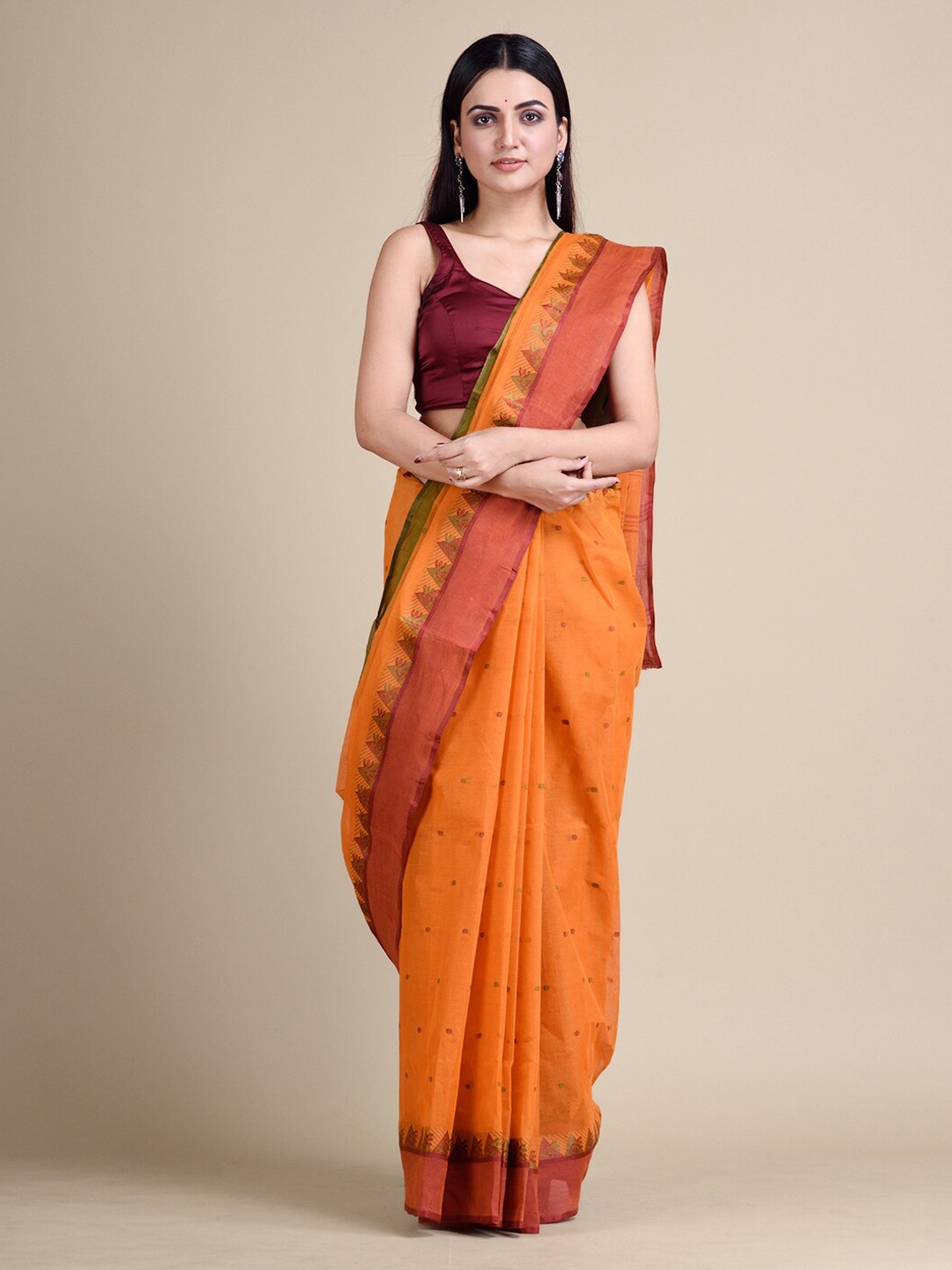 Mitera Orange Pure Cotton Woven Design Taant Saree