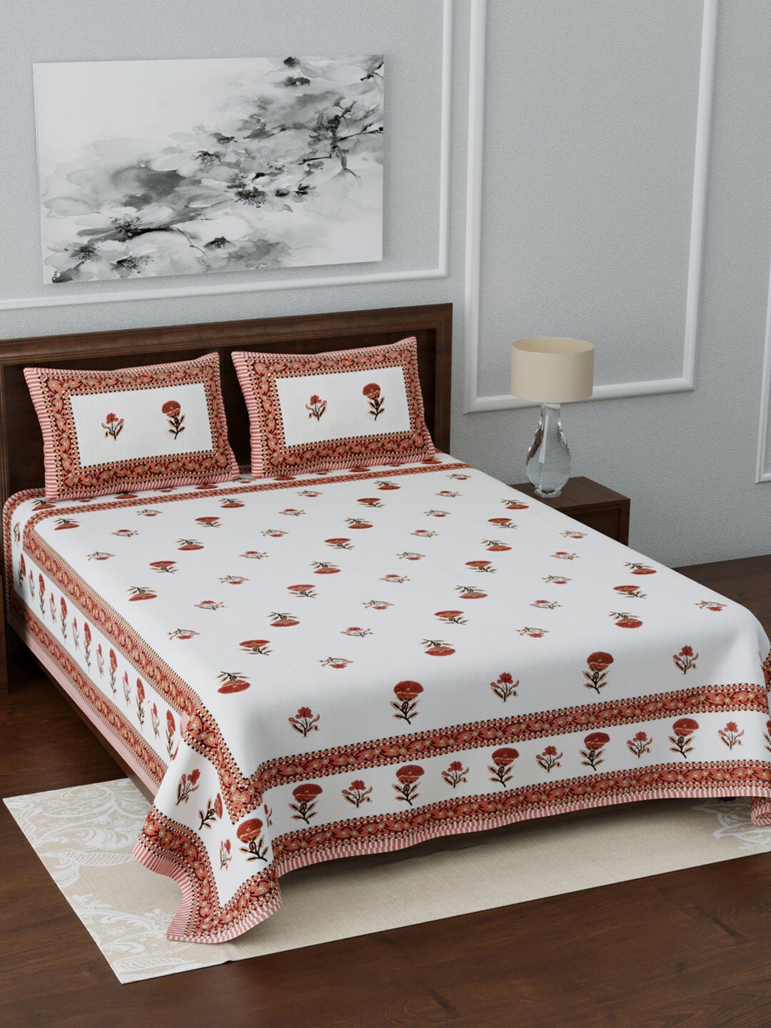 LIVING ROOTS White & Peach-Coloured Ethnic Motifs 210 TC King Bedsheet With 2 Pillow Covers
LIVING ROOTS White & Peach-Coloured Ethnic Motifs 210 TC King Bedsheet With 2 Pillow Covers