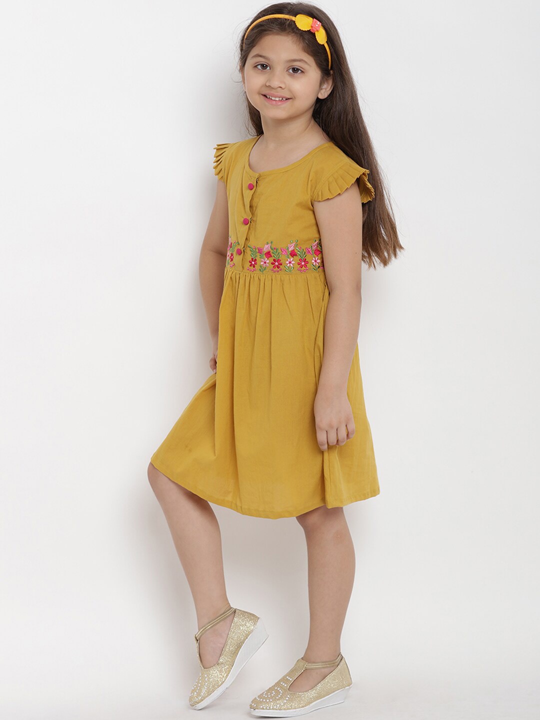 Bitiya by Bhama Girls Mustard Solid Fit and Flare Dress