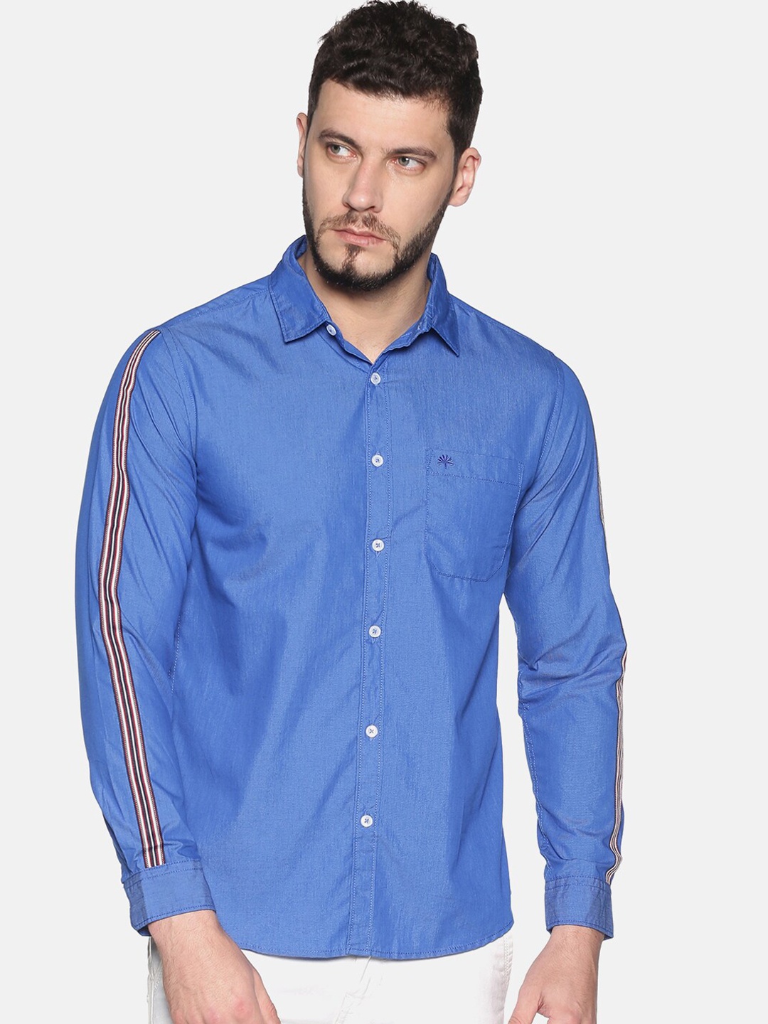 Chennis Men Blue Slim Fit Solid Cotton Casual Shirt