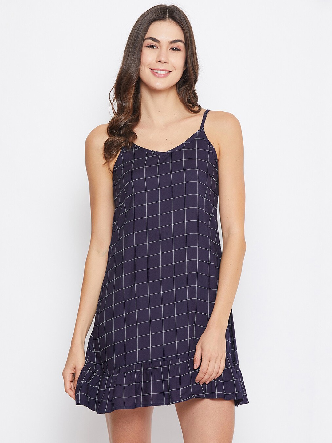 Clovia Women Blue Checked Babydoll