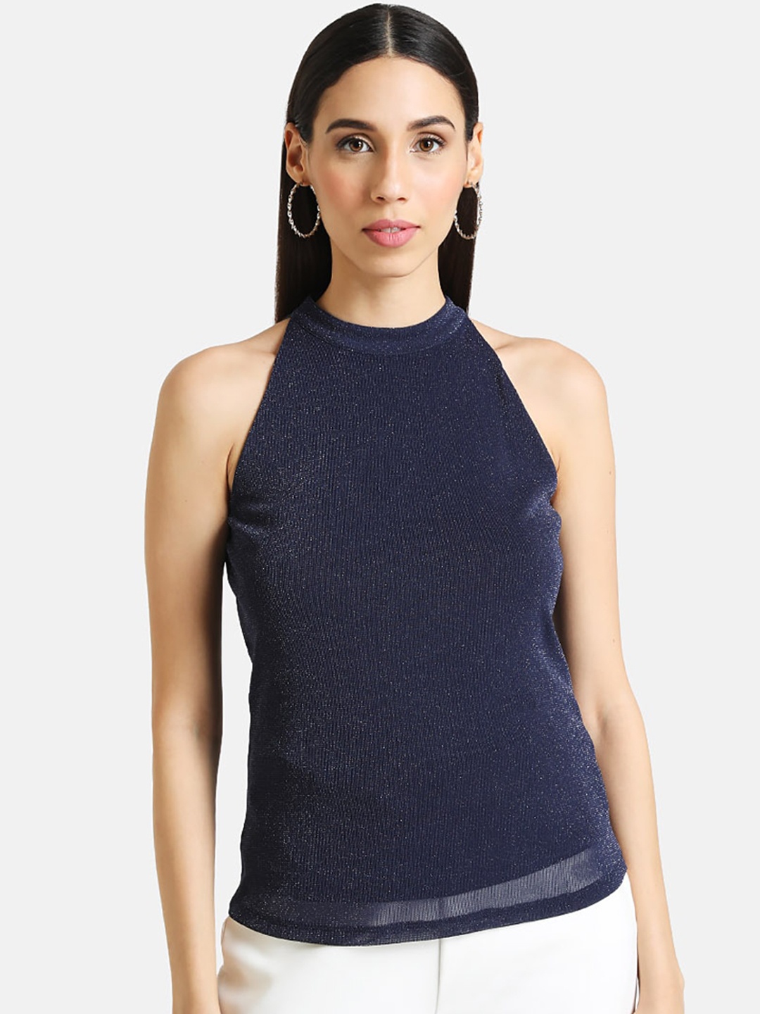 Kazo Women Blue Solid Halter Neck Top