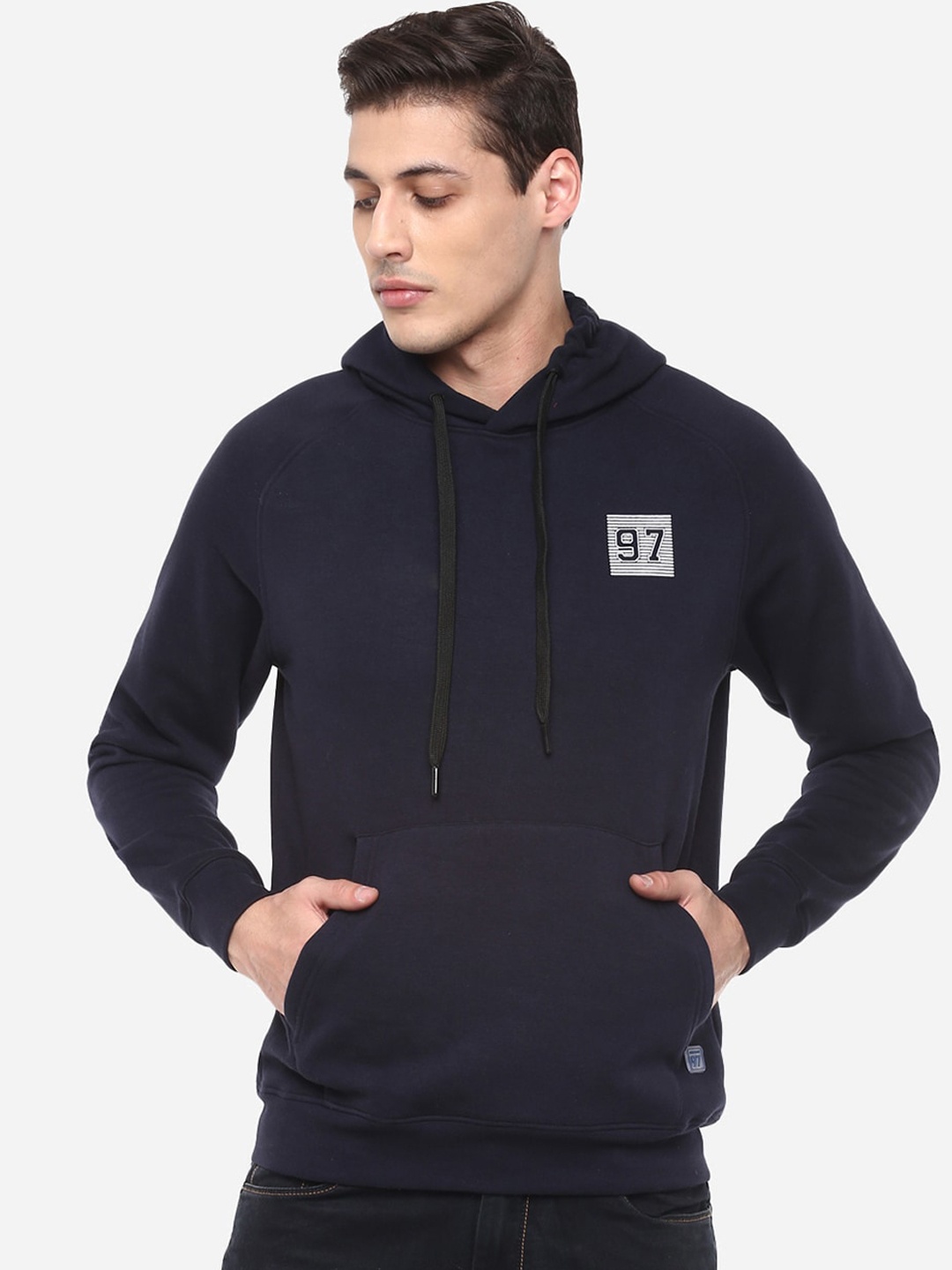 Red Chief Men Navy Blue Solid Hooded Sweatshirt