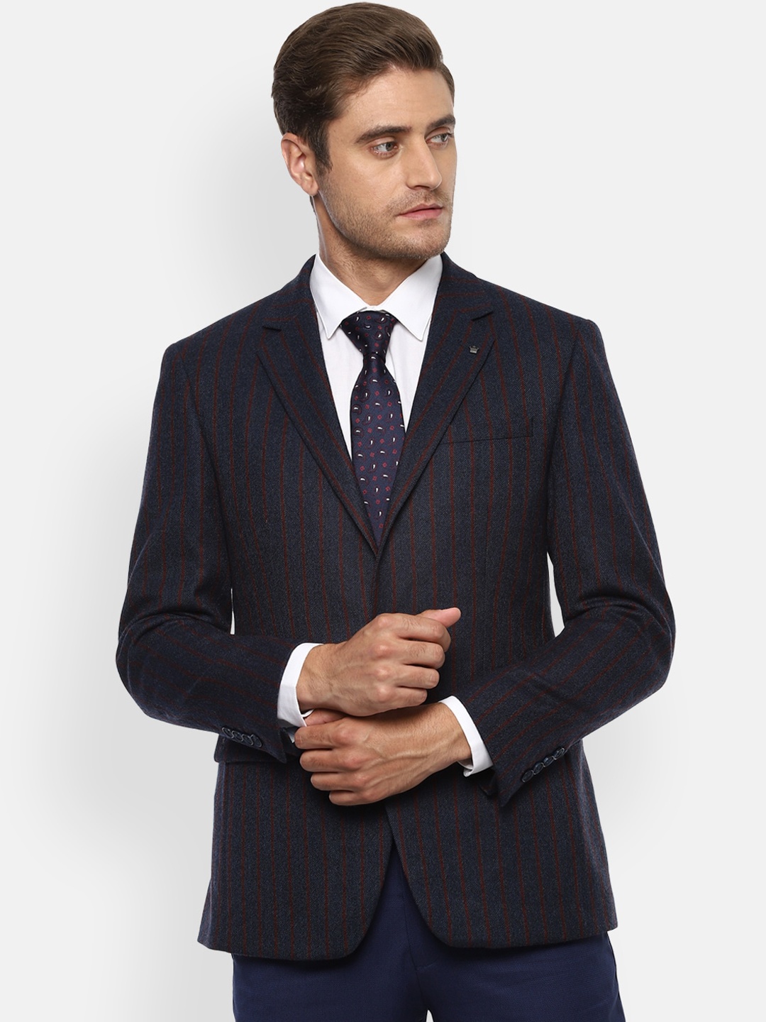Louis Philippe Men Navy Blue Striped Single-Breasted Formal Blazer