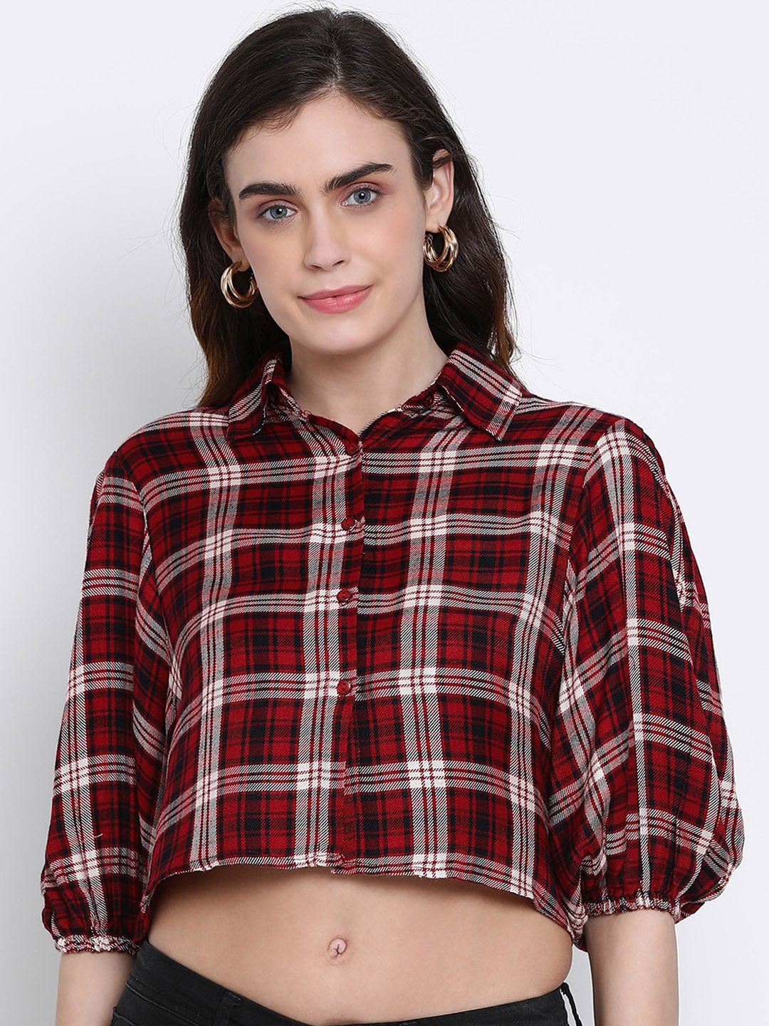 Oxolloxo Women Red & Red Regular Fit Checked Casual Shirt