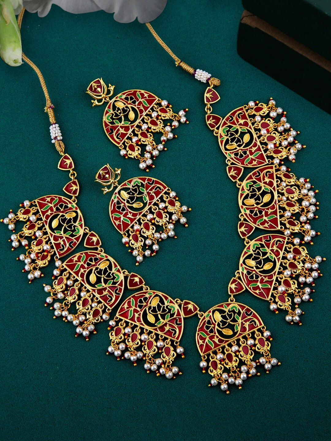 Voylla Gold Plated Pink & Green Faux Pearl Enamelled Jewellery Set