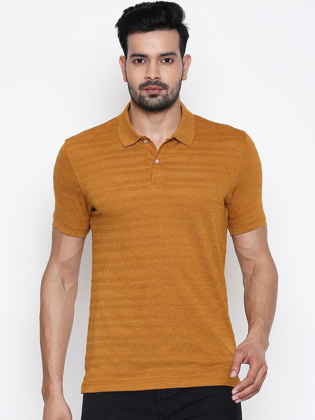 BYFORD by Pantaloons Men Mustard Yellow Self Design Polo Collar T-shirt