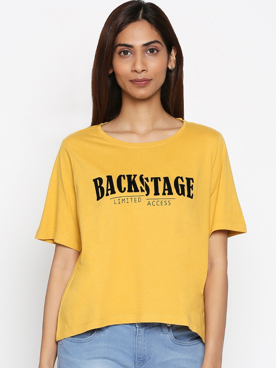 People Women Yellow Printed Boat Neck T-shirt