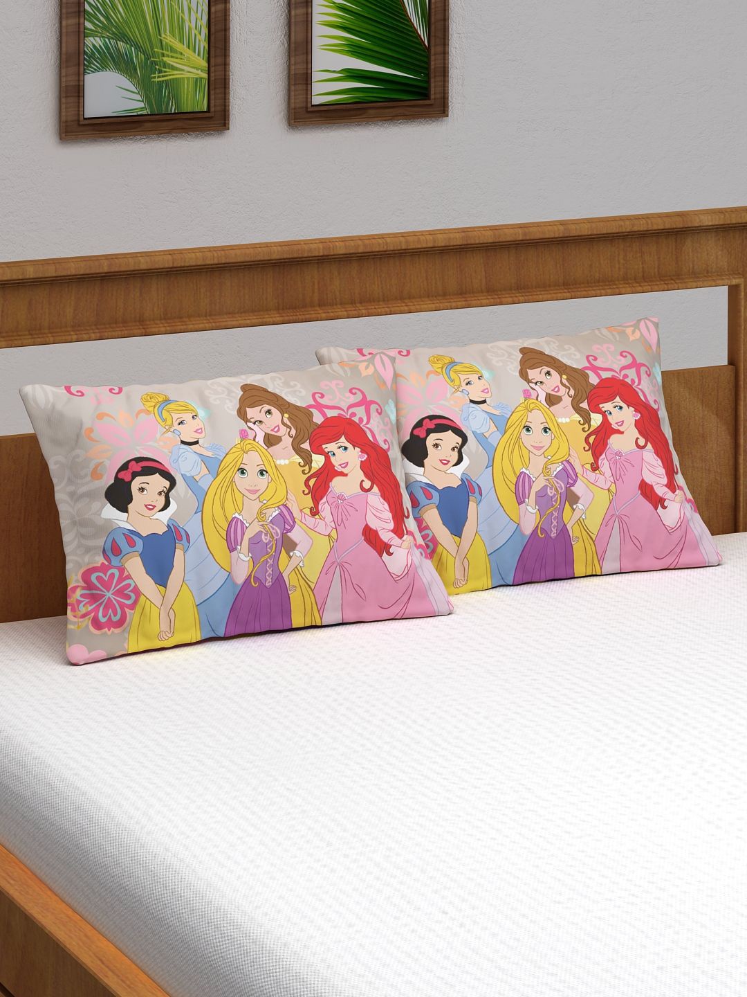 Disney Kids Set Of 2 Pink & Grey Princess Printed Pillow Covers