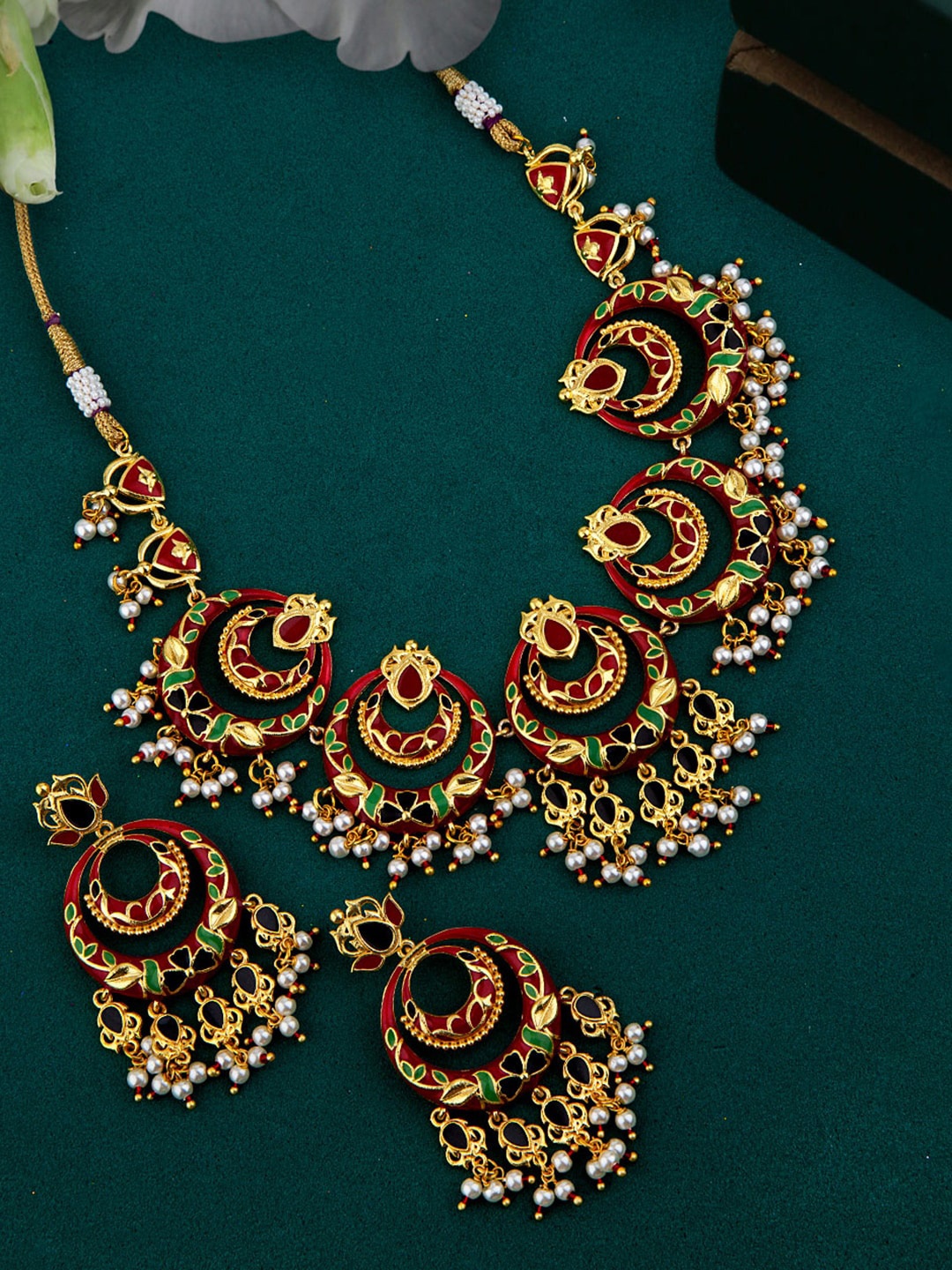 Voylla Gold-Plated Red & Green Enameled Faux Pearl Beaded Tahira Traditional Chandbali Necklace Set
Voylla Gold-Plated Red & Green Enameled Faux Pearl Beaded Tahira Traditional Chandbali Necklace Set