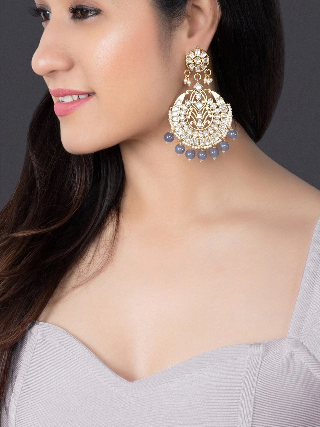 Rubans Gold-Toned & Grey Contemporary Chandbalis