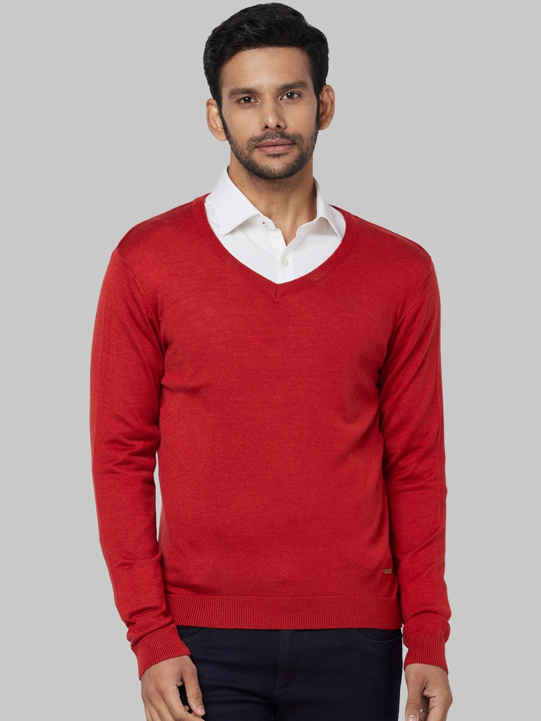 Park Avenue Men Red Solid Pullover Sweater