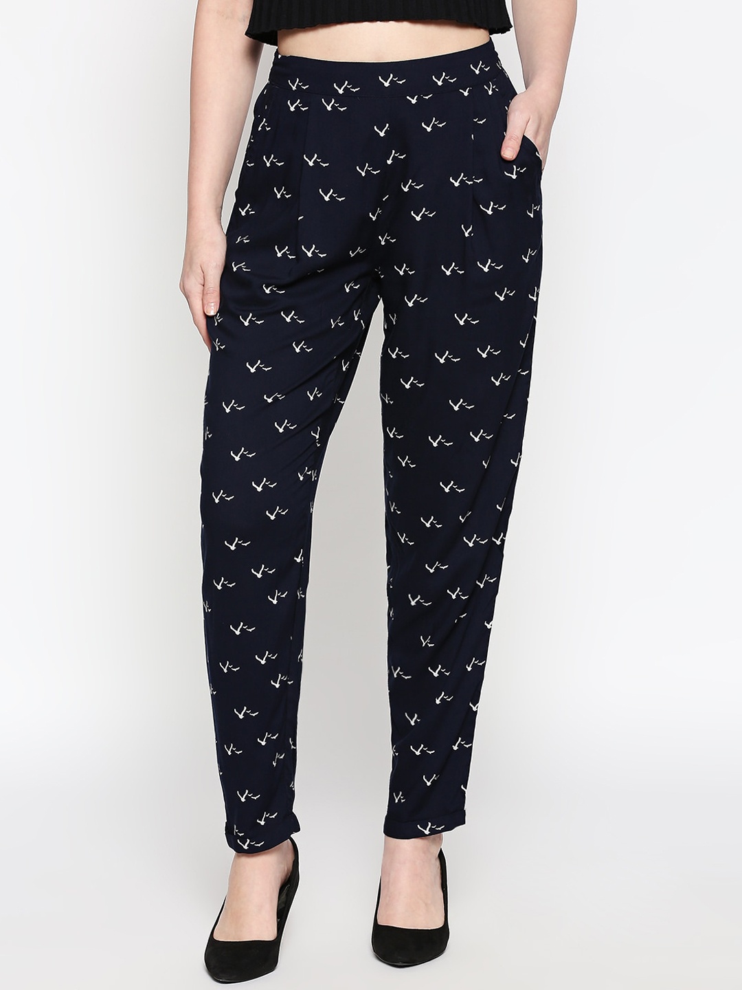 People Women Navy Blue Tapered Fit Printed Regular Trousers