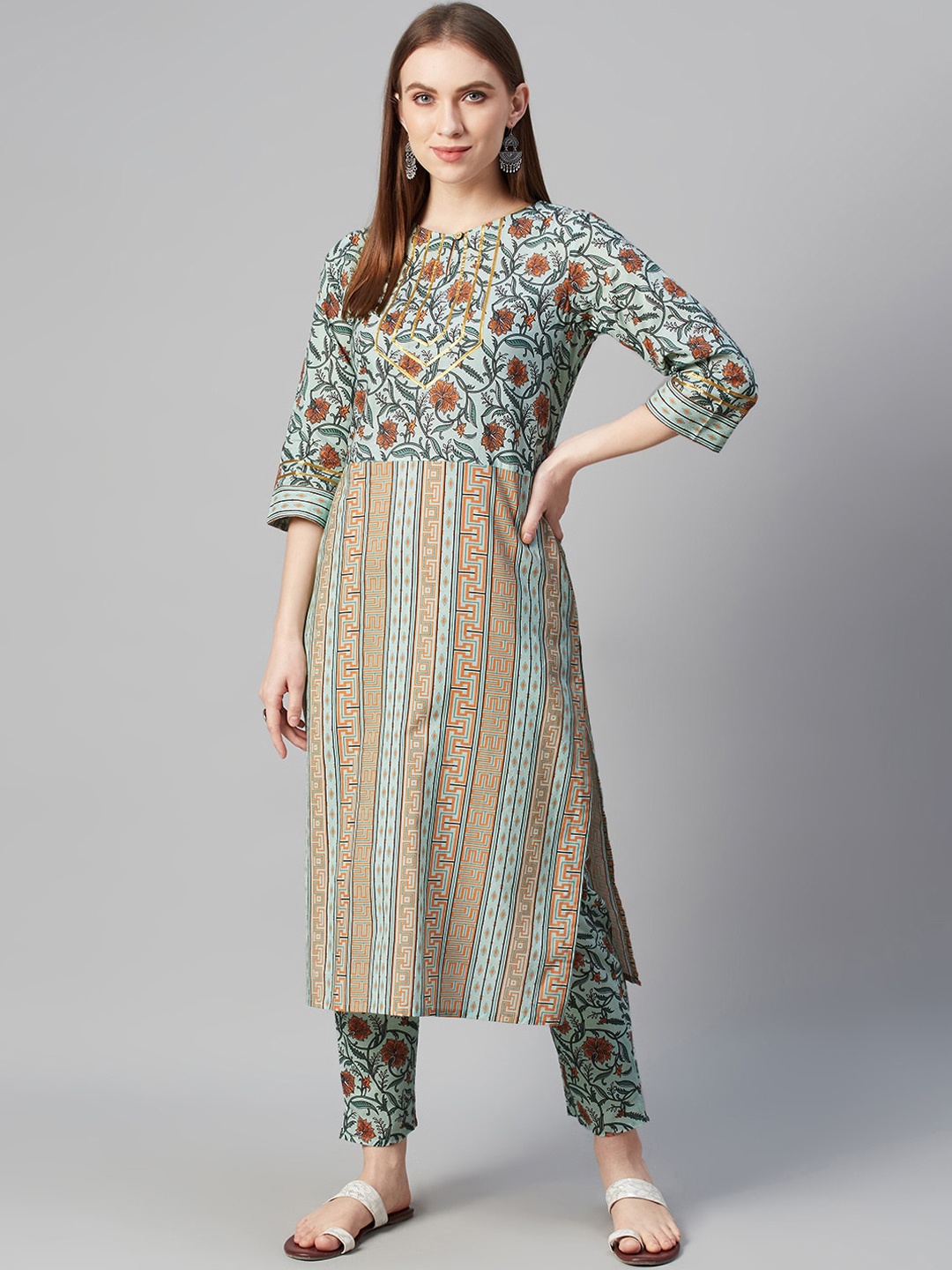 ZIYAA Women Green & Orange Printed A-Line Kurta