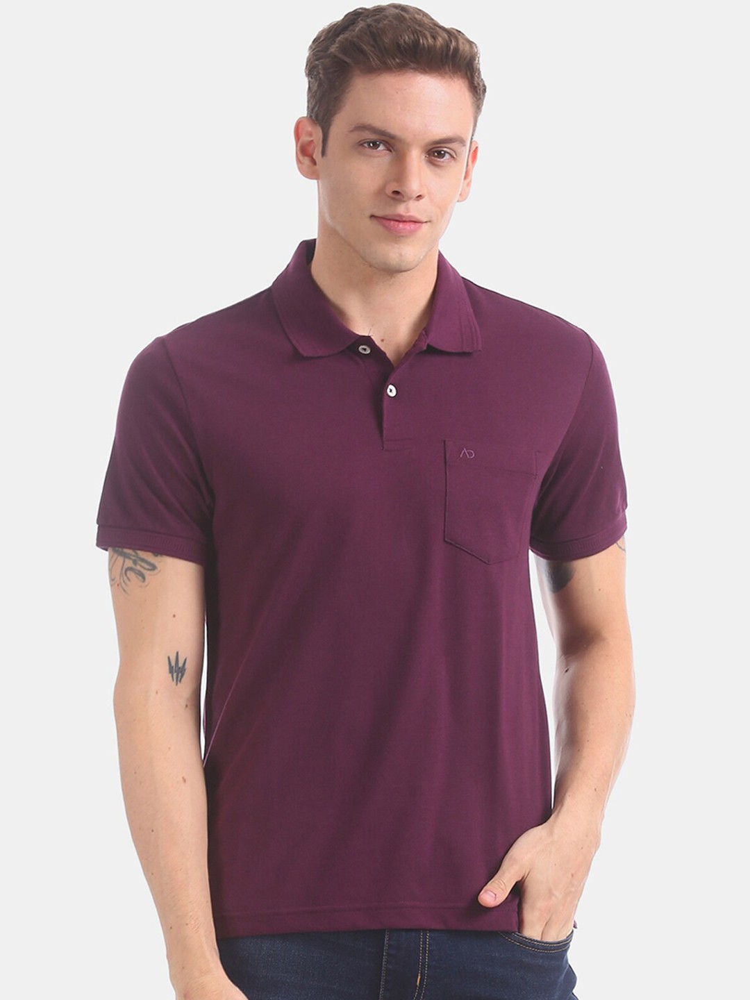 AD By Arvind Men Purple Solid Polo Collar T-shirt